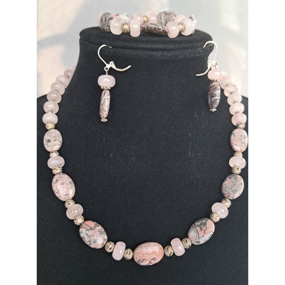 Fashion Jewelry Set Necklace Bracelet Earrings Beaded Gemstone Jasper Rose Quart